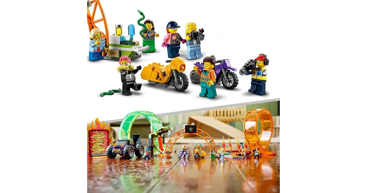 LEGO 60339 City Stuntz Stuntshow-Doppellooping Set, Konstruktionsspielzeug(Inkl. Rampe, Monstertruck, 2x Motorrad und 7 Minifiguren)