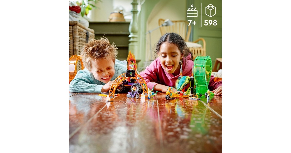 LEGO 60339 City Stuntz Stuntshow-Doppellooping Set, Konstruktionsspielzeug(Inkl. Rampe, Monstertruck, 2x Motorrad und 7 Minifiguren)