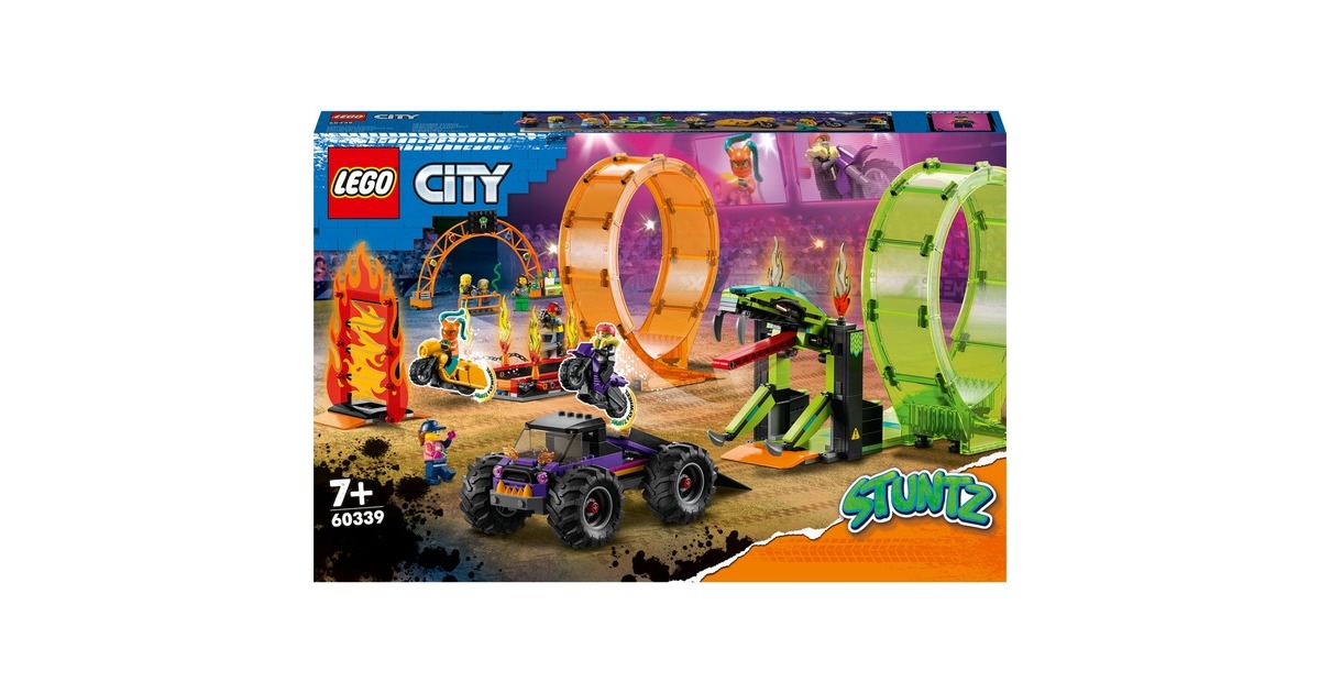LEGO 60339 City Stuntz Stuntshow-Doppellooping Set, Konstruktionsspielzeug(Inkl. Rampe, Monstertruck, 2x Motorrad und 7 Minifiguren)