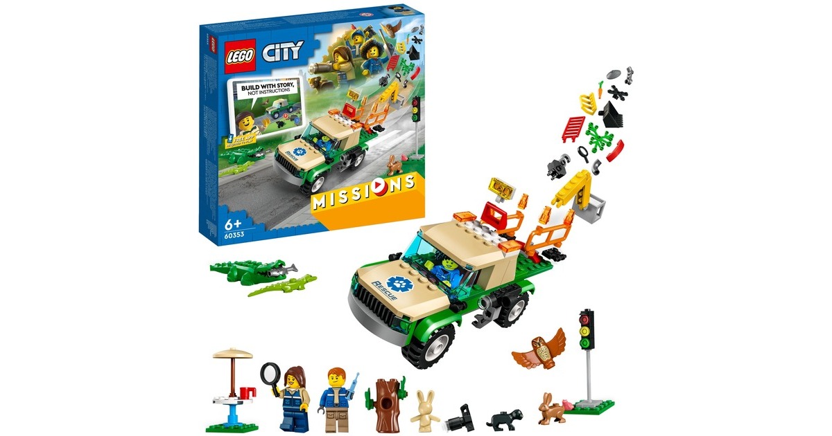 LEGO 60353 City Tierrettungsmissionen, Konstruktionsspielzeug(Interaktives digitales Abenteurspielset mit Pickup, 3 Minifiguren und Tierfiguren)