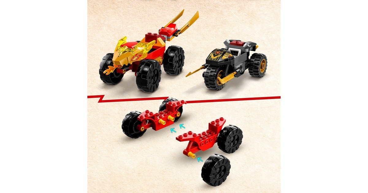 LEGO 71789 Ninjago Verfolgungsjagd mit Kais Flitzer und Ras' Motorrad, Konstruktionsspielzeug