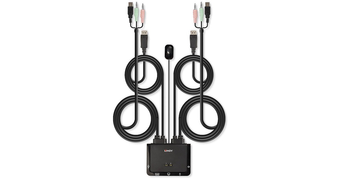 Lindy 2 Port DisplayPort 1.2, USB 2.0 & Audio Cable KVM Switch, KVM-Switch(schwarz)