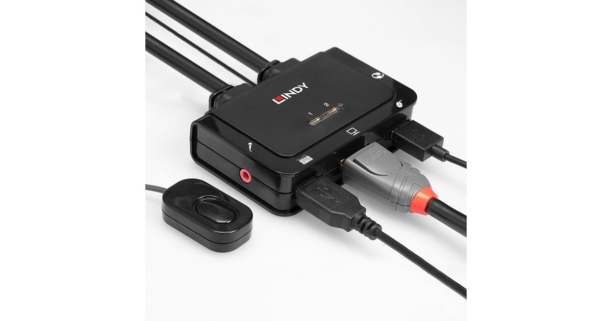 Lindy 2 Port DisplayPort 1.2, USB 2.0 & Audio Cable KVM Switch, KVM-Switch(schwarz)