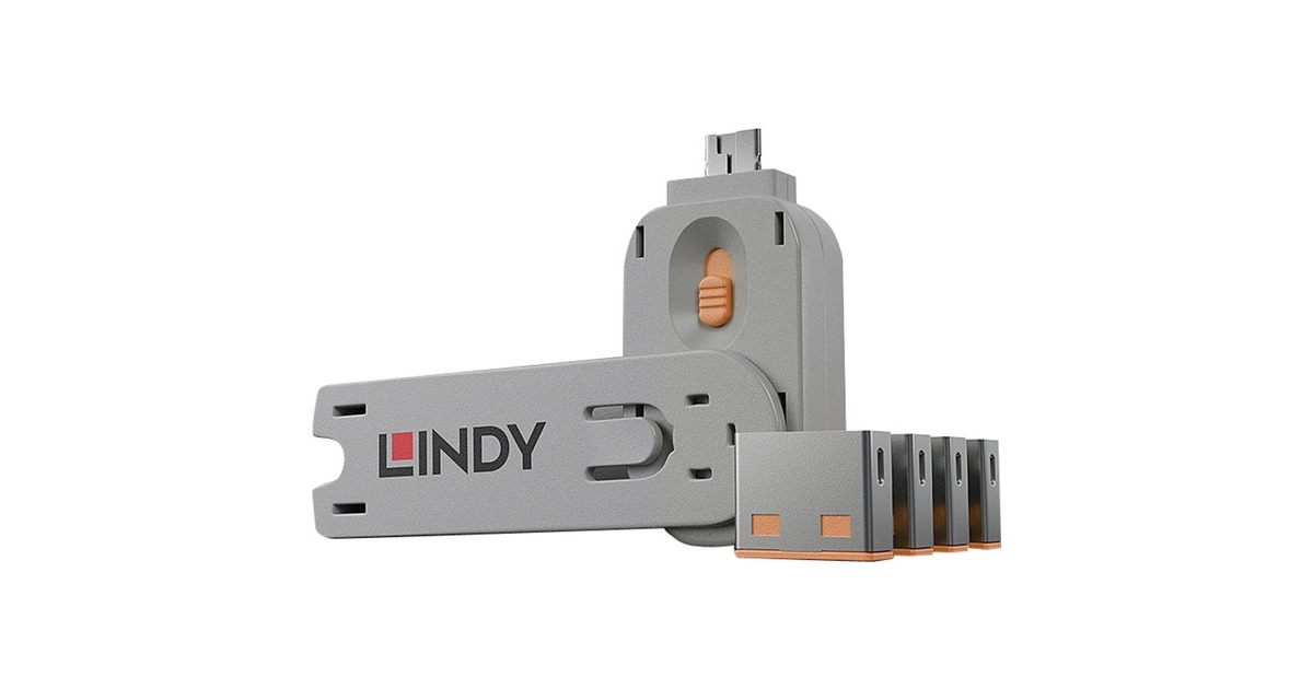 Lindy USB Port Schloss (4 Stück) mit Schlüssel, Diebstahlschutz(orange, Code: ORANGE)