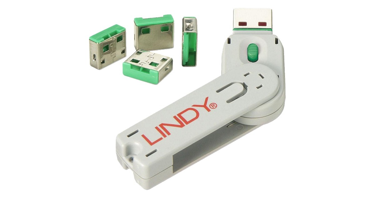 Lindy USB Port Schloss (4 Stück) mit Schlüssel, Diebstahlschutz(grün, Code: grün)