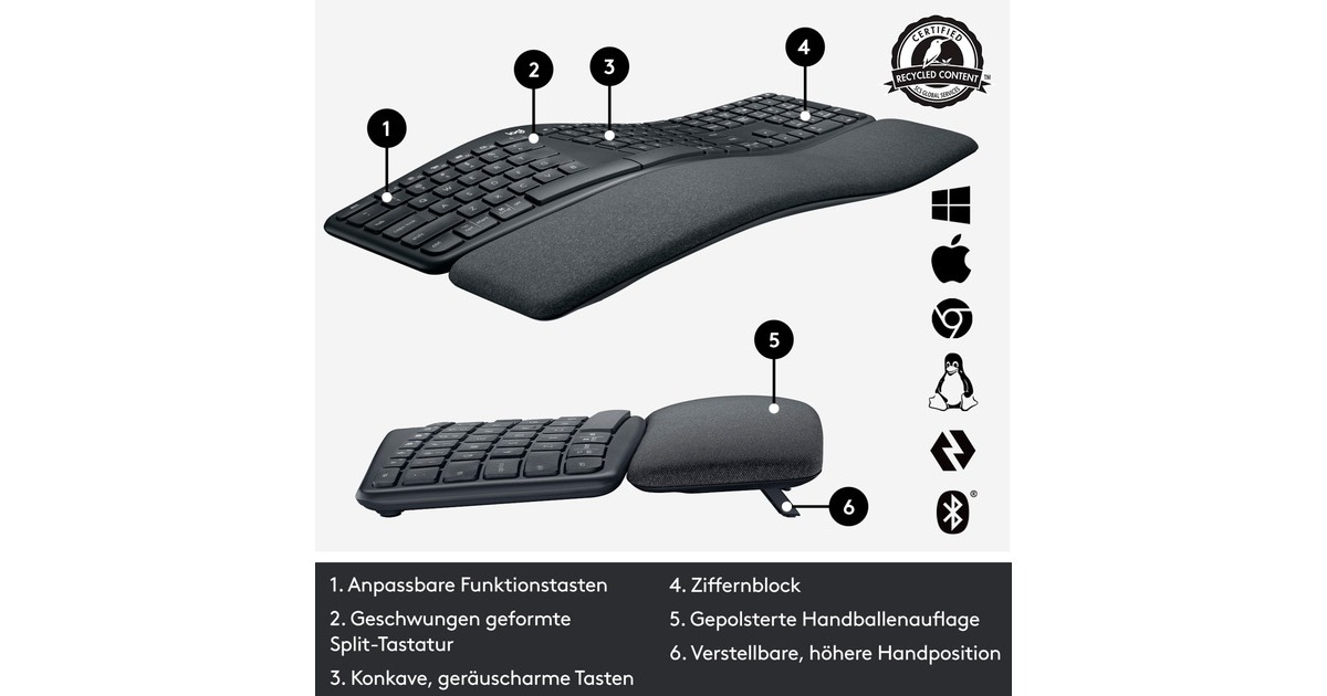 Logitech ERGO K860 Split for Business, Tastatur(graphit, DE-Layout)