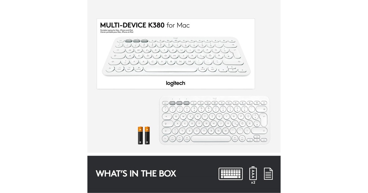 Logitech K380 Multi-Device für Mac, Tastatur(weiß, DE-Layout, Bluetooth, kompatibel mit macOS/iOS/iPadOS)