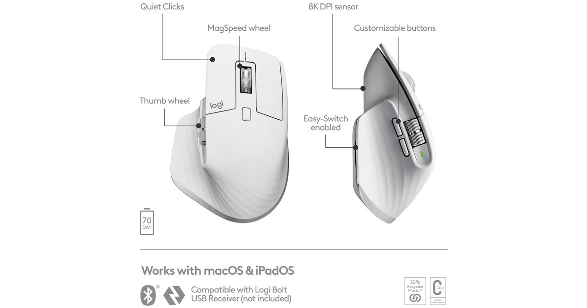 Logitech MX Master 3S für Mac, Maus(hellgrau, 7 Tasten, Bluetooth, optimiert für das Apple-Ökosystem)