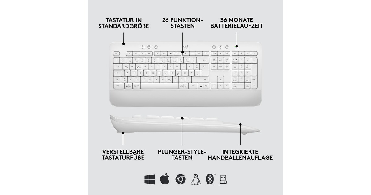 Logitech Signature K650 Combo for Business, Desktop-Set(weiß, DE-Layout, Plunger, Logi Bolt, Bluetooth, für Windows/macOS/Chrome OS/Linux/iPadOS/Android)