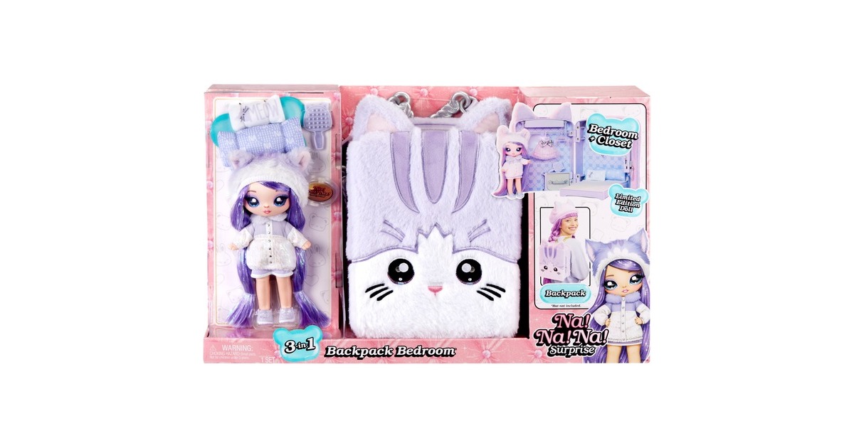 MGA Entertainment Na! Na! Na! Surprise 3-in-1 Backpack Bedroom Serie 3 Playset - Lavender Kitten, Spielfigur