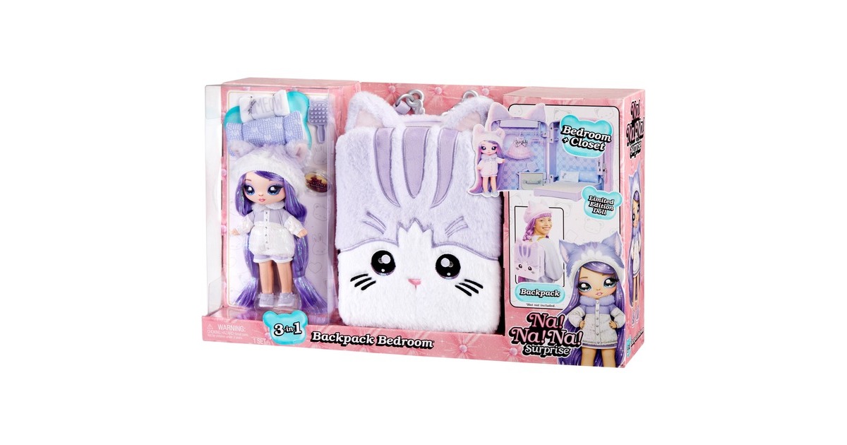 MGA Entertainment Na! Na! Na! Surprise 3-in-1 Backpack Bedroom Serie 3 Playset - Lavender Kitten, Spielfigur