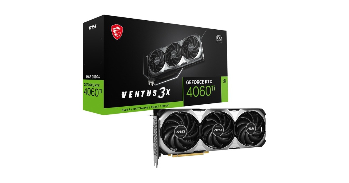 MSI GeForce RTX 4060 Ti VENTUS 3X 16G OC, Grafikkarte(schwarz/silber, DLSS 3, 3x DisplayPort, 1x HDMI)