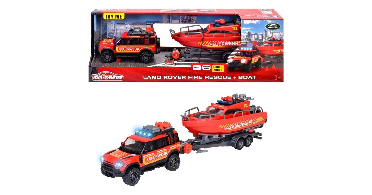Majorette Land Rover Feuerwehrauto mit Boot, Spielfahrzeug