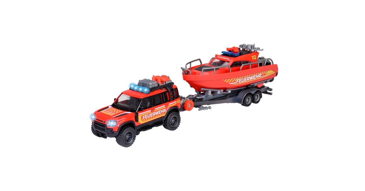 Majorette Land Rover Feuerwehrauto mit Boot, Spielfahrzeug
