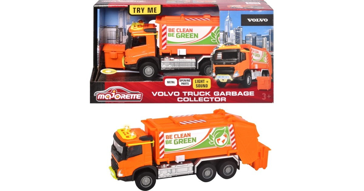 Majorette Volvo Müllauto mit Müllbehälter, Spielfahrzeug(orange, Mit Licht und Sound)