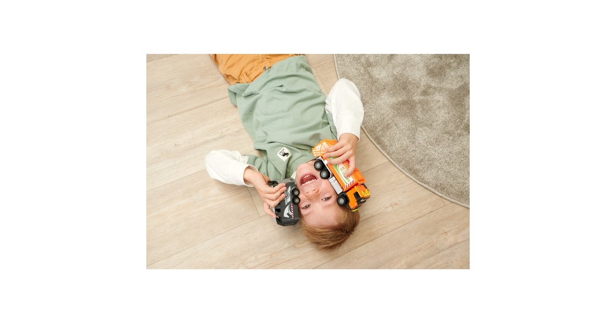 Majorette Volvo Müllauto mit Müllbehälter, Spielfahrzeug(orange, Mit Licht und Sound)