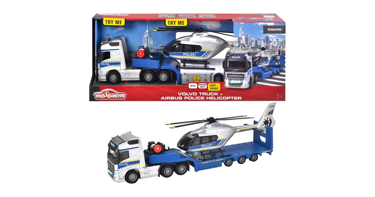 Majorette Volvo Polizei-Transporter FH-16 LKW mit Auflieger und Airbus Hubschrauber, Spielfahrzeug(blau/silber)