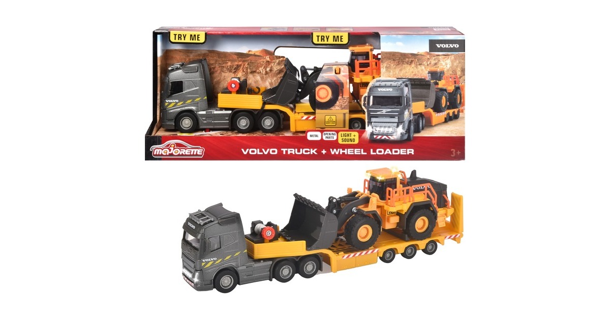 Majorette Volvo Truck FH-16 mit Auflieger und Radlader, Spielfahrzeug(orange/grau, Mit Licht und Sound)