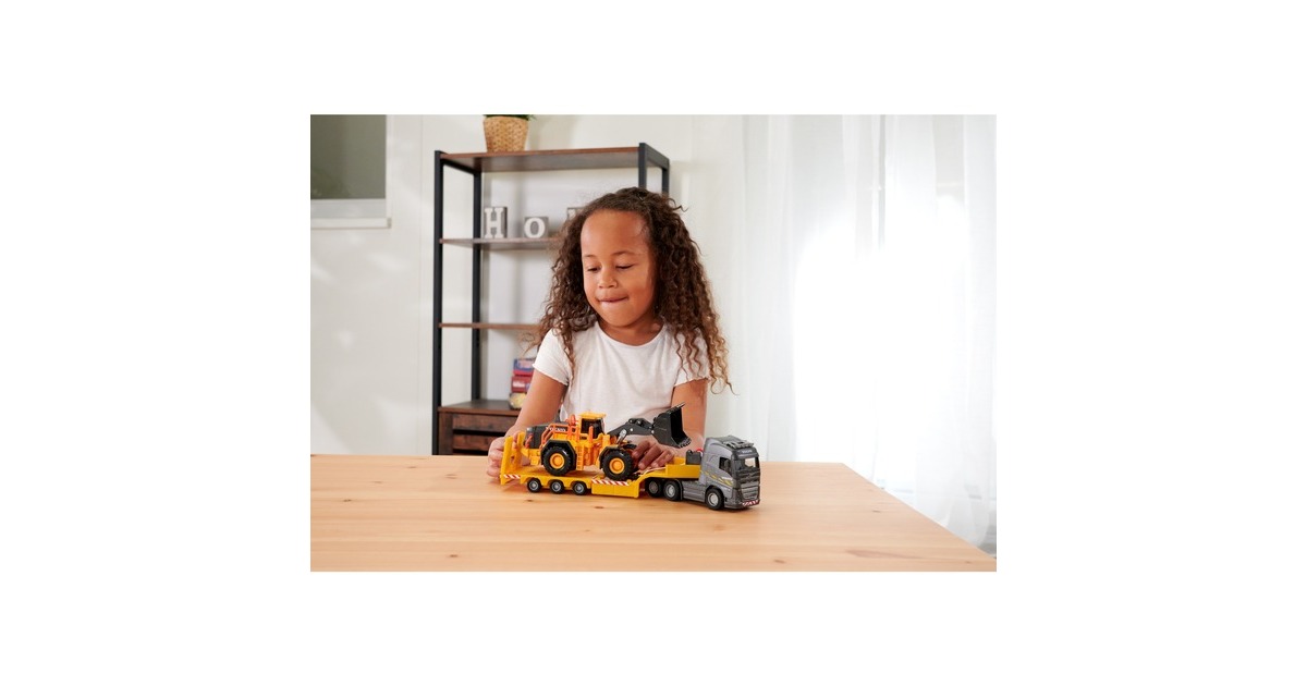 Majorette Volvo Truck FH-16 mit Auflieger und Radlader, Spielfahrzeug(orange/grau, Mit Licht und Sound)
