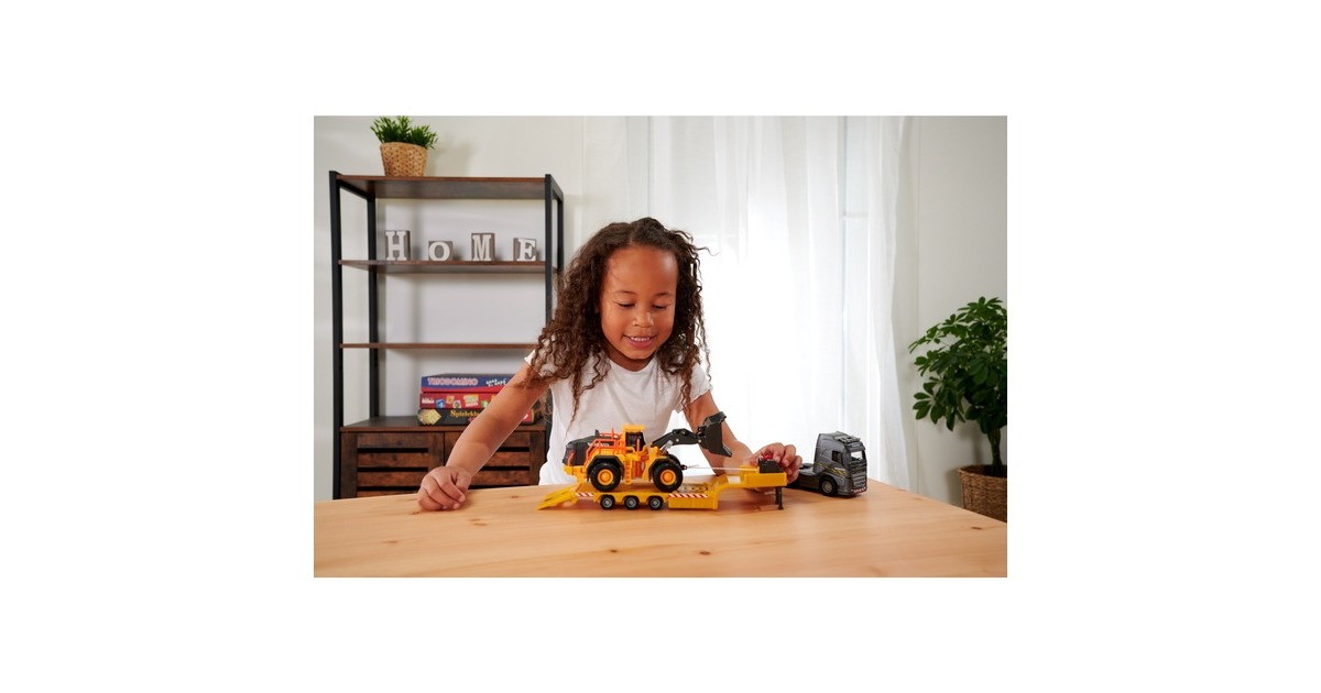 Majorette Volvo Truck FH-16 mit Auflieger und Radlader, Spielfahrzeug(orange/grau, Mit Licht und Sound)