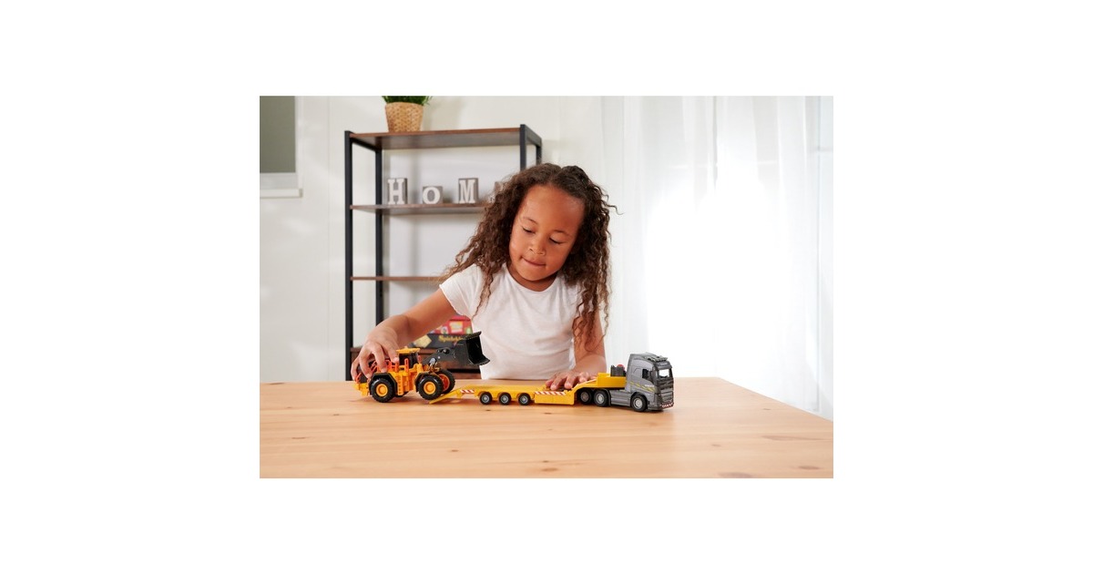Majorette Volvo Truck FH-16 mit Auflieger und Radlader, Spielfahrzeug(orange/grau, Mit Licht und Sound)