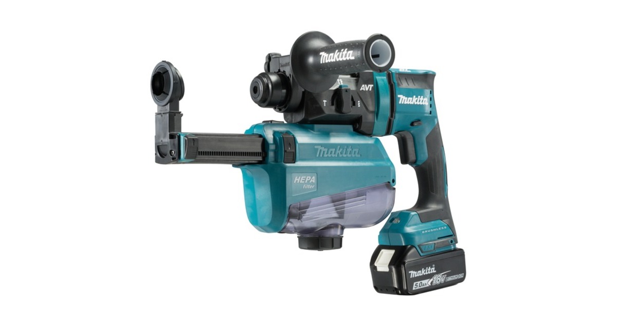 Makita Akku-Kombihammer DHR182RTWJ, 18Volt, Bohrhammer(blau/schwarz, 2x Li-Ionen Akku 5,0Ah, mit Staubabsaugung)