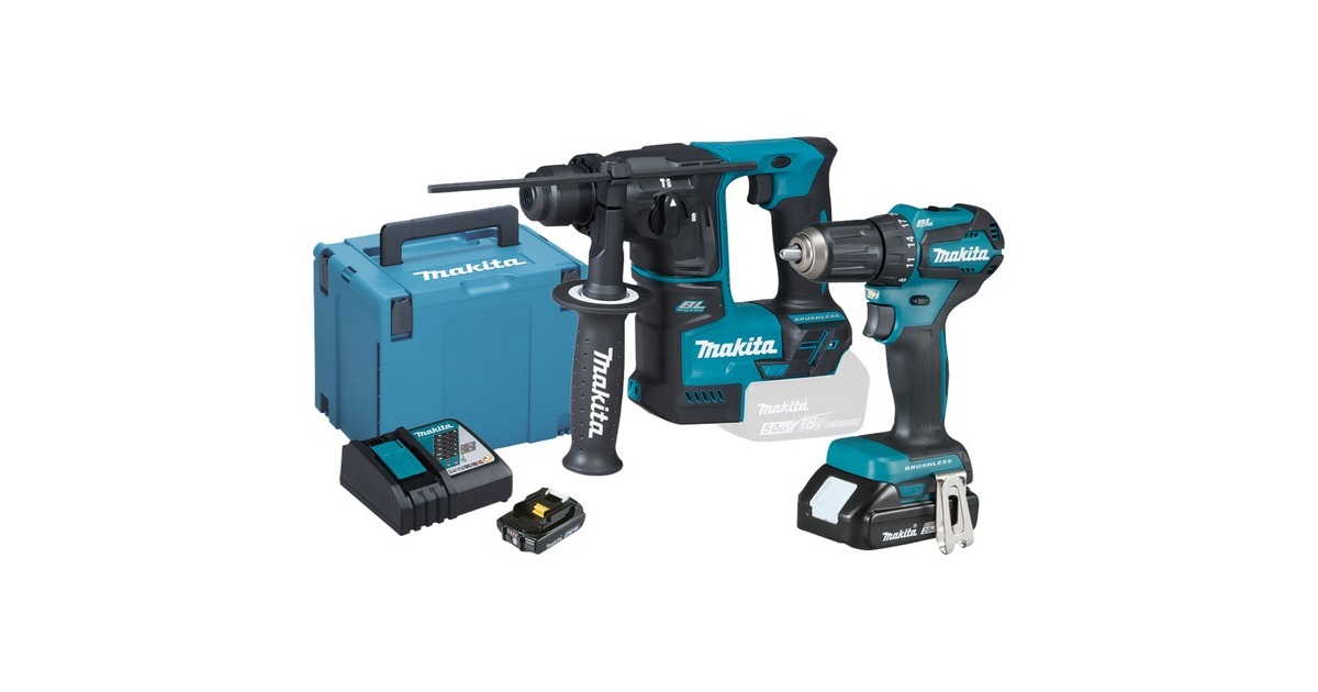 Makita Akku-Kombo-Kit DLX2454AJ, Bohrschrauber + Bohrhammer, 18Volt(blau/schwarz, 2x Li-Ionen Akku 2,0Ah, MAKPAC)