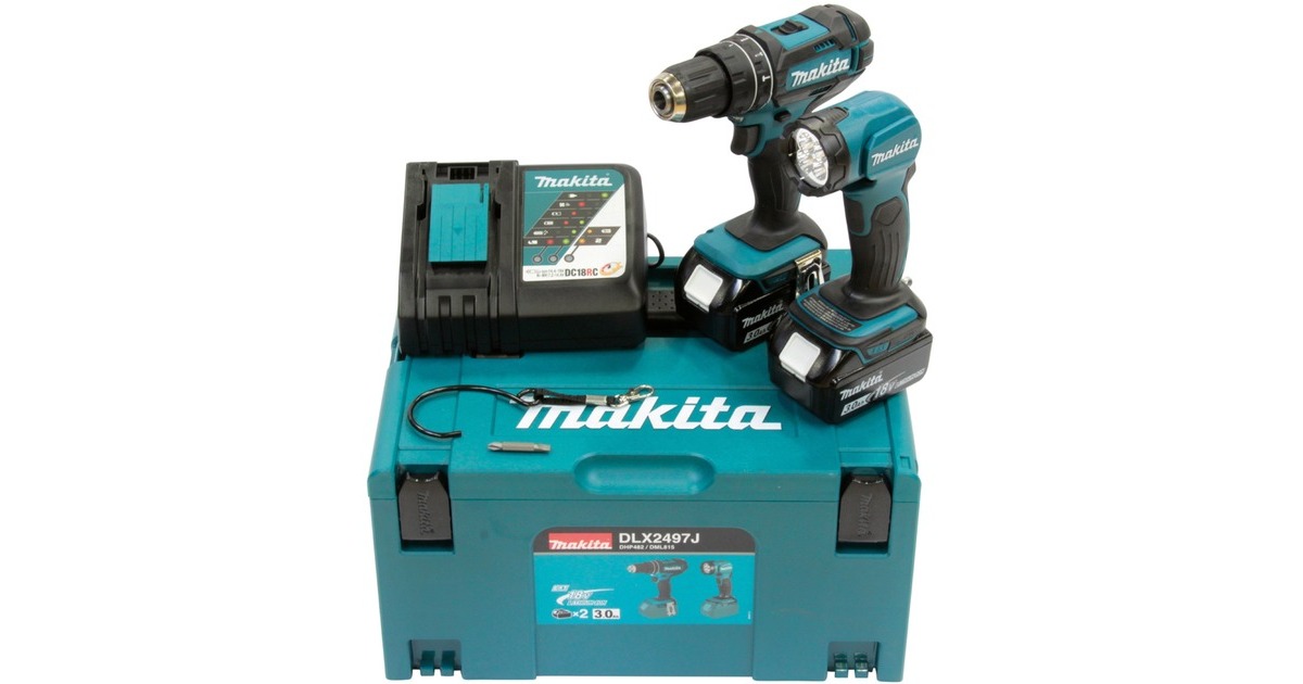 Makita Akku-Kombo-Kit DLX2497J / Akku-Schlagbohrschrauber DHP482 + Akku-Leuchte DML815(blau/schwarz, 2x Li-Ion Akku 3,0Ah, MAKPAC Gr.3) Makita Akku-Kombo-Kit DLX2497J / Akku-Schlagbohrschrauber DHP482 + Akku-Leuchte DML815(blau/schwarz, 2x Li-Ion Akku 3,0Ah, MAKPAC Gr.3)