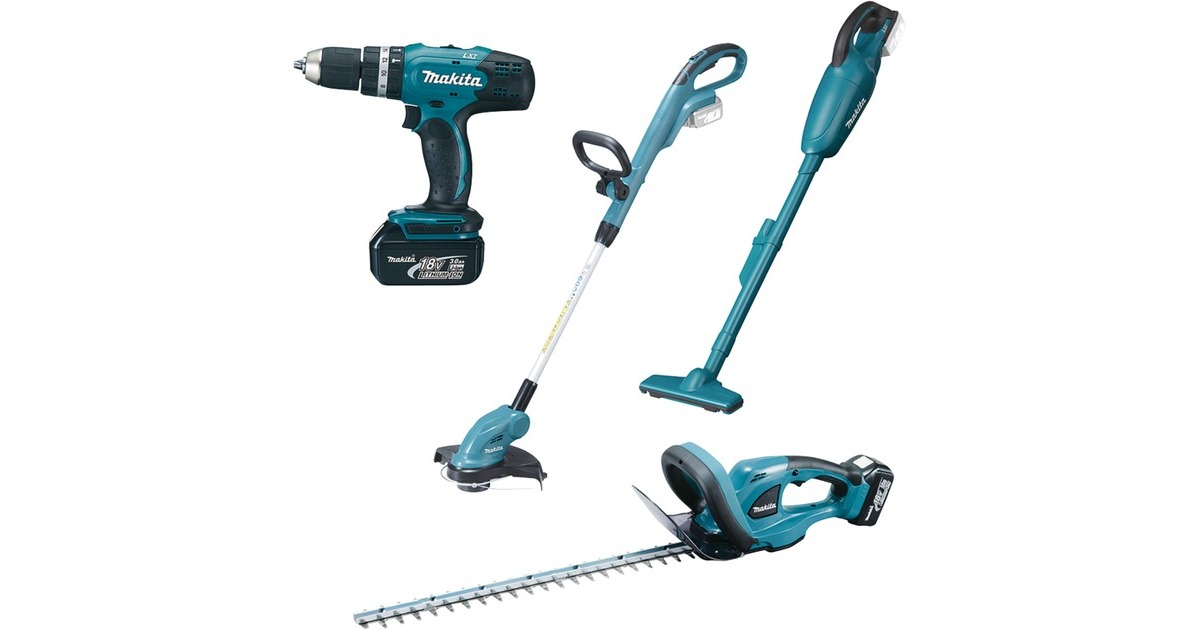 Makita Akku-Kombo-Kit DLX4093, Heckenschere, Rasentrimmer, Schlagbohrschrauber, Sauger(blau/schwarz, 2x Li-Ionen Akku 3,0Ah 18Volt)