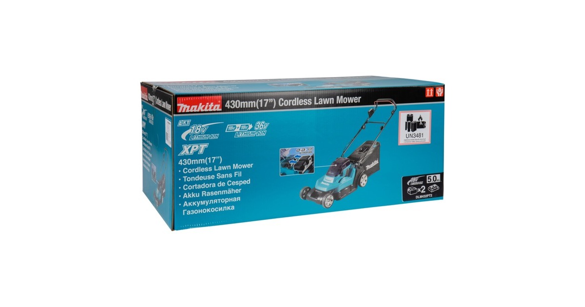Makita Akku-Rasenmäher DLM432PT2, 36Volt (2x18Volt)(blau/schwarz, 2x Li-Ion Akku 5,0Ah)
