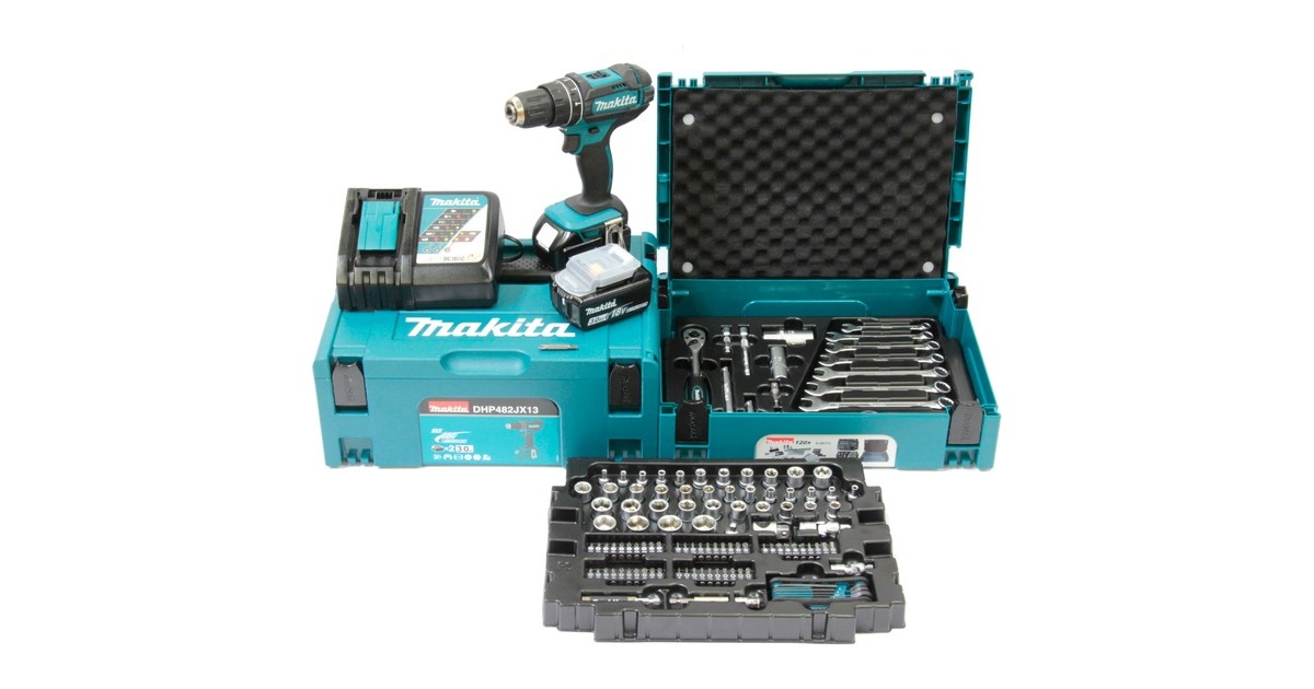 Makita Akku-Schlagbohrschrauber DHP482JX13, 18Volt(blau/schwarz, 2x Li-Ion Akku 3,0Ah, MAKPAC, 120-tlg. Werkzeug-Set) Makita Akku-Schlagbohrschrauber DHP482JX13, 18Volt(blau/schwarz, 2x Li-Ion Akku 3,0Ah, MAKPAC, 120-tlg. Werkzeug-Set)