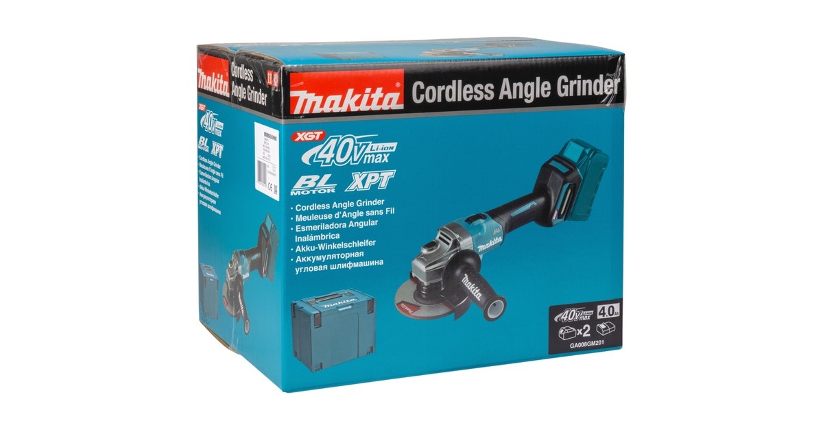 Makita Akku-Winkelschleifer GA008GM201 XGT, 40Volt(blau/schwarz, 2x Li-Ion XGT Akku 4,0Ah, MAKPAC Gr.4)