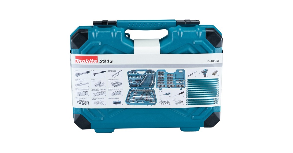 Makita Handwerkzeug-Set E-10883, 221-teilig(blau, inkl. 2 Umschalt-Knarren, 1/4" und 1/2")