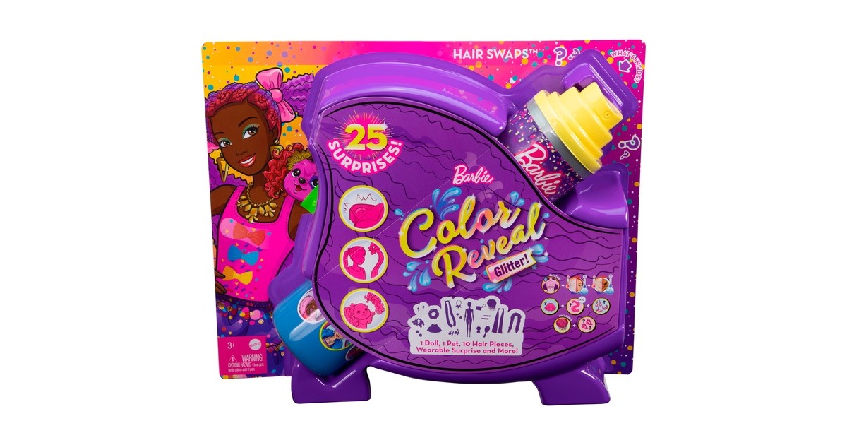 Mattel Barbie Color Reveal Glitzer! Haarwechsel Puppe Glitzerblau mit 25 Überraschungen