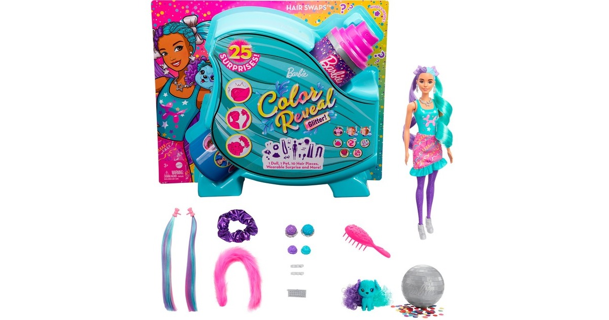 Mattel Barbie Color Reveal Glitzer! Haarwechsel Puppe Glitzerviolett mit 25 Überraschungen Mattel Barbie Color Reveal Glitzer! Haarwechsel Puppe Glitzerviolett mit 25 Überraschungen