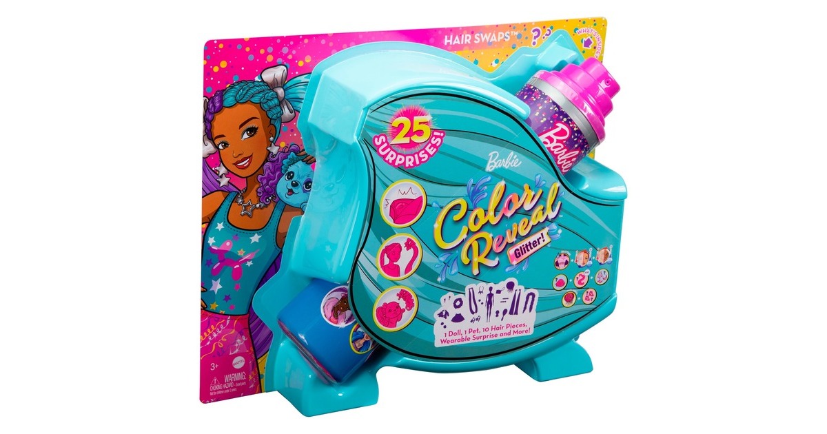 Mattel Barbie Color Reveal Glitzer! Haarwechsel Puppe Glitzerviolett mit 25 Überraschungen
