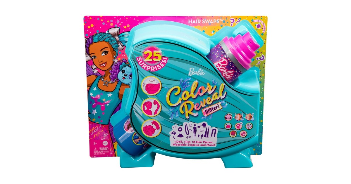 Mattel Barbie Color Reveal Glitzer! Haarwechsel Puppe Glitzerviolett mit 25 Überraschungen