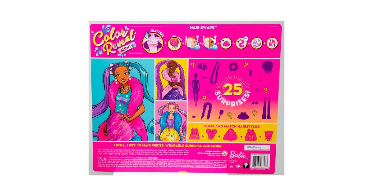 Mattel Barbie Color Reveal Glitzer! Haarwechsel Puppe Glitzerviolett mit 25 Überraschungen