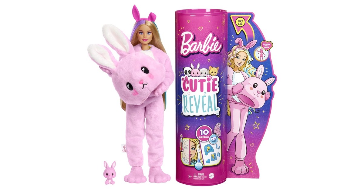 Mattel Barbie Cutie Reveal Puppe mit Hasen-Plüschkostüm und 10 Überraschungen