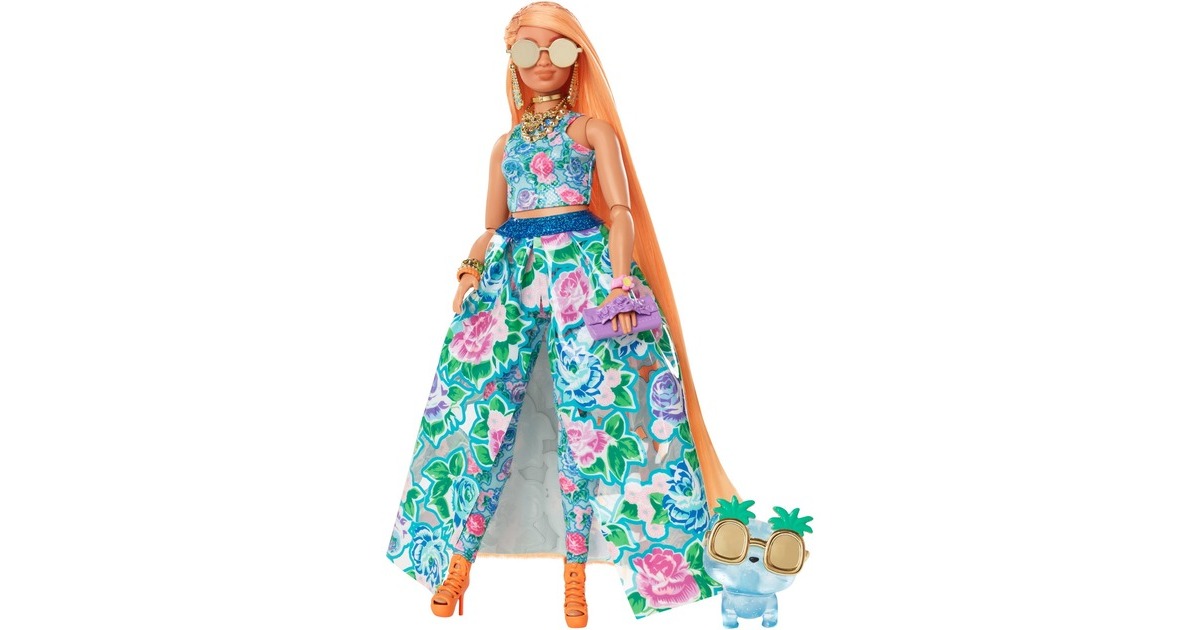 Mattel Barbie Extra Fancy Puppe im blauen Kleid mit Blumenmuster
