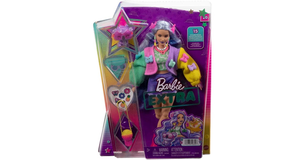 Mattel Barbie Extra Puppe 20 - lavendelfarbenes Haar/Schmetterlings-Haarspange