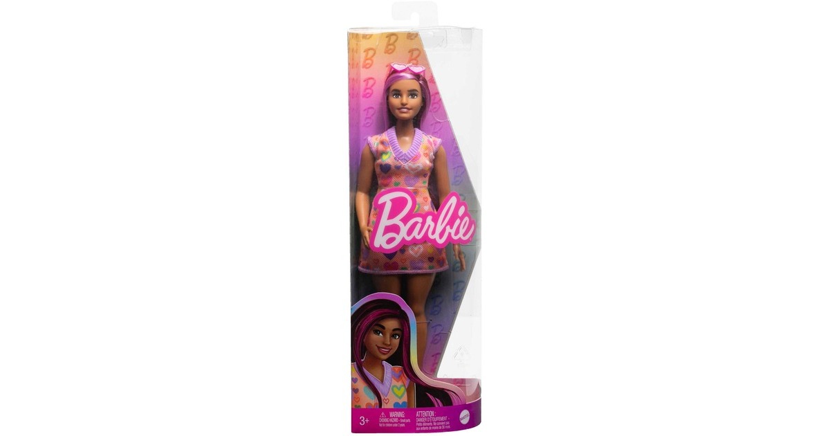 Mattel Barbie Fashionistas-Puppe mit pinkfarbenen Strähnen und Kleid mit Herzaufdruck