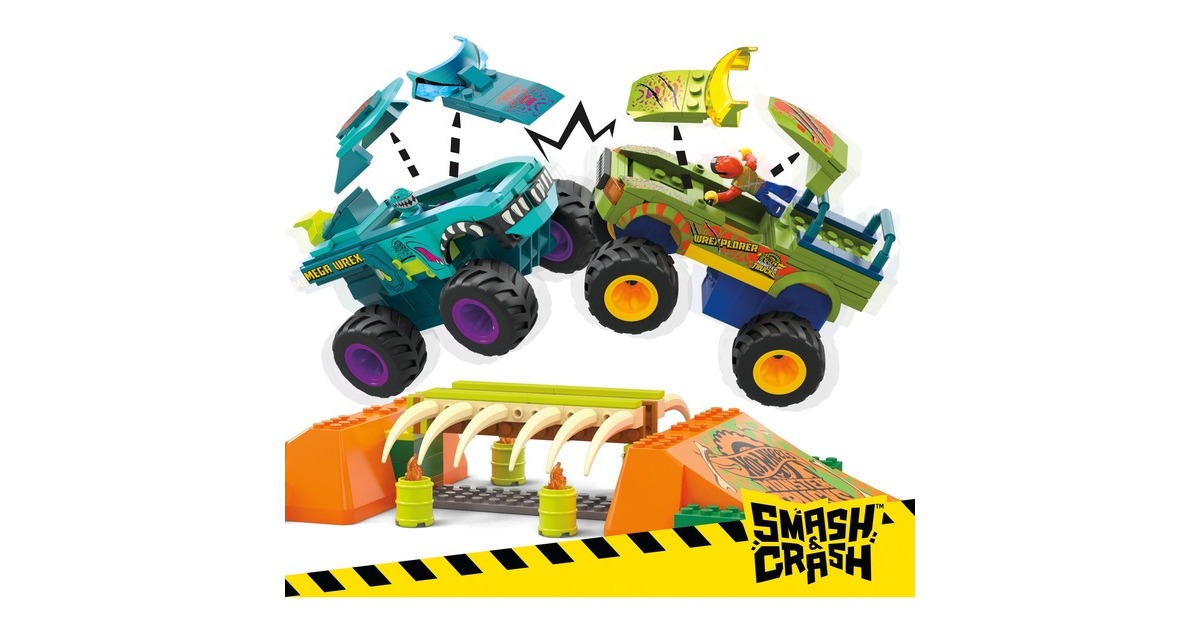 Mattel MEGA Hot Wheels Monster Trucks Mega-Wrex Knochen Crash Stuntbahn, Konstruktionsspielzeug