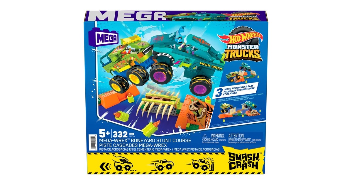 Mattel MEGA Hot Wheels Monster Trucks Mega-Wrex Knochen Crash Stuntbahn, Konstruktionsspielzeug