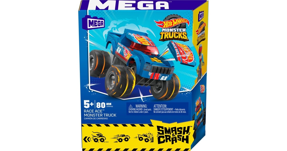 Mattel MEGA Hot Wheels Smash-und-Crash Race Ace Monster Truck, Konstruktionsspielzeug