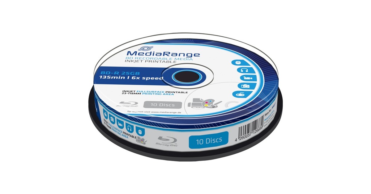 MediaRange BD-R 25GB, Blu-ray-Rohlinge(6fach, 10 Stück, bedruckbar, Retail)