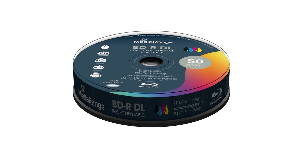 MediaRange BD-R 50 GB, Blu-ray-Rohlinge(6fach, 10 Stück, bedruckbar, Retail)