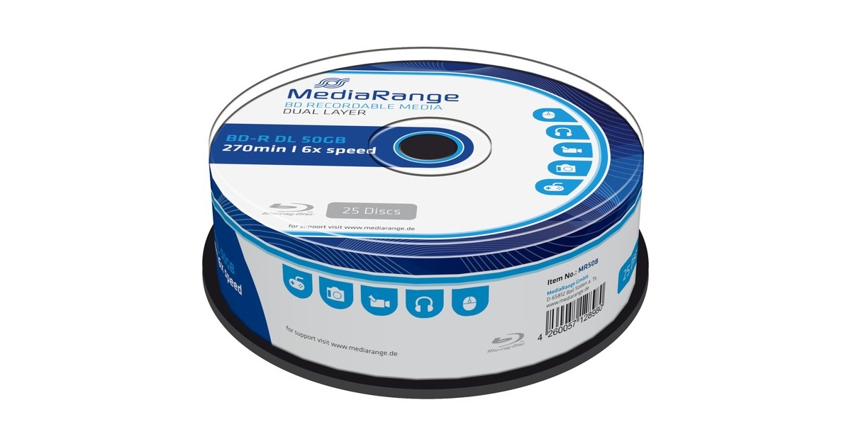 MediaRange BD-R Dual Layer 50 GB, Blu-ray-Rohlinge(6-fach, 25 Stück)
