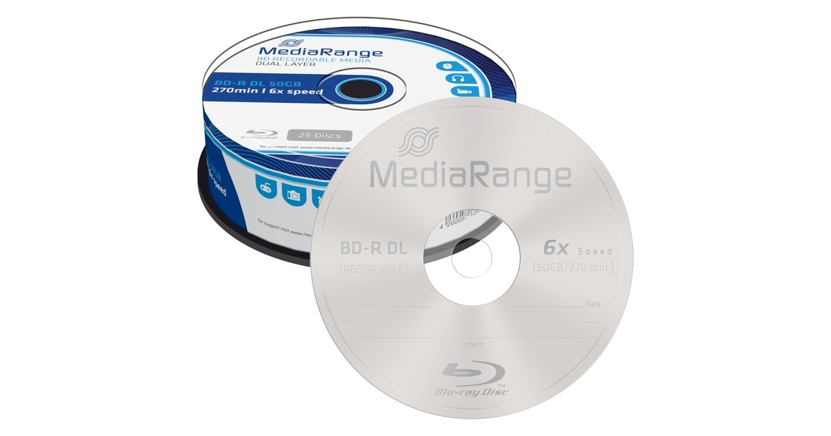 MediaRange BD-R Dual Layer 50 GB, Blu-ray-Rohlinge(6-fach, 25 Stück)