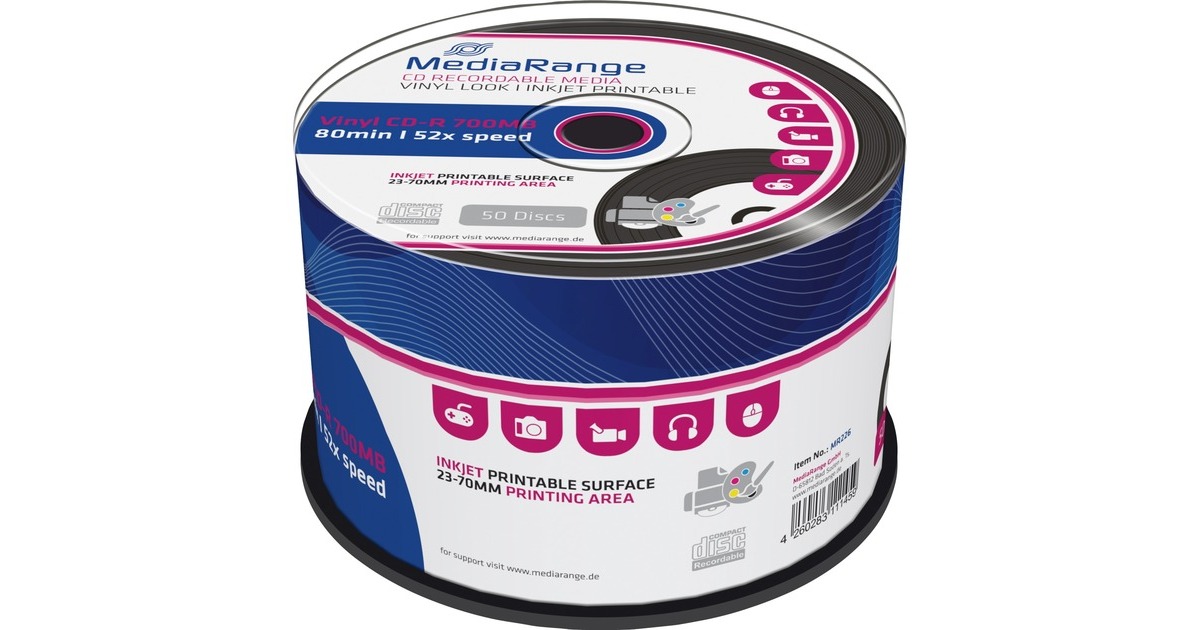 MediaRange CD-R 700 MB, CD-Rohlinge(52fach, 50 Stück, bedruckbar, Vinyl-Opt.)